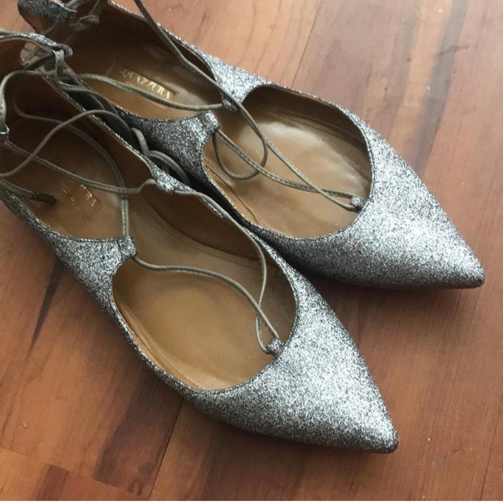 Aquazzura Lace-up Glitter Flats, size 8
